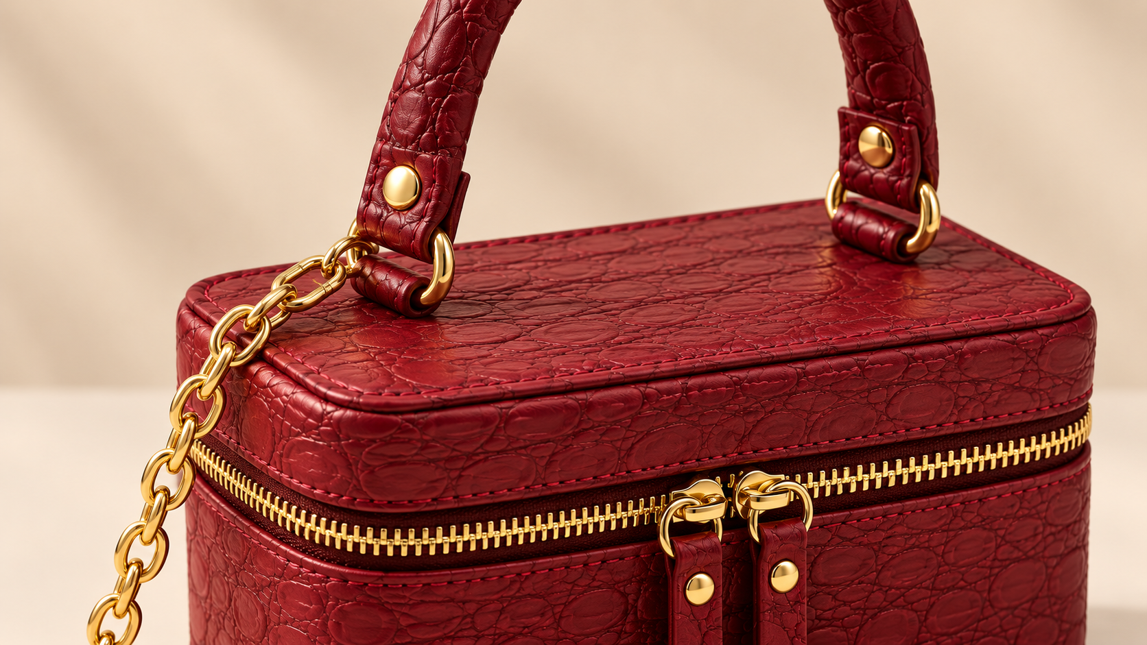 Detalhes de acabamento da Bolsa Marcela: zíper, textura e ferragens douradas